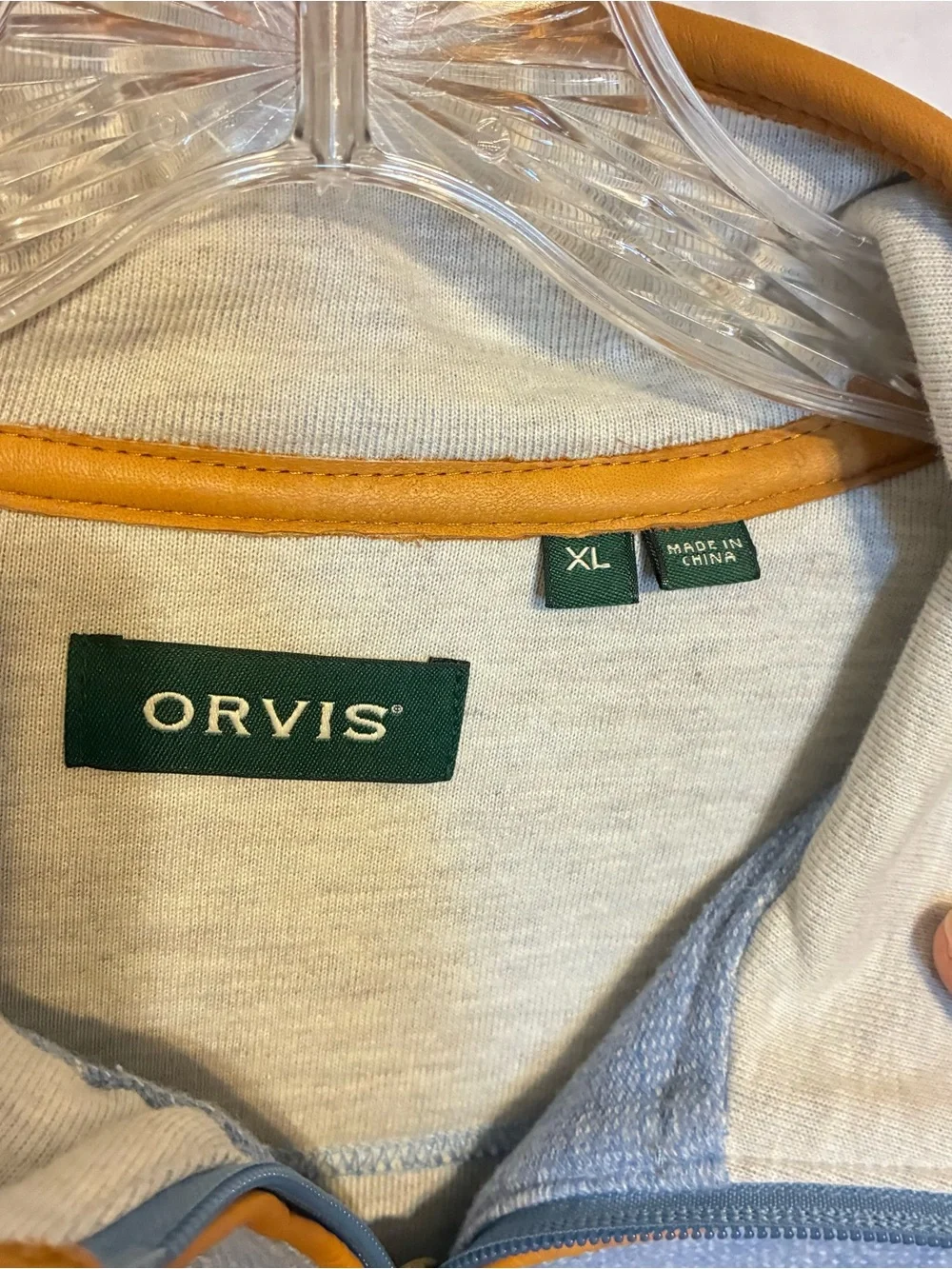 Orvis Light Blue Half-Zip Sweater with Mustard Trim